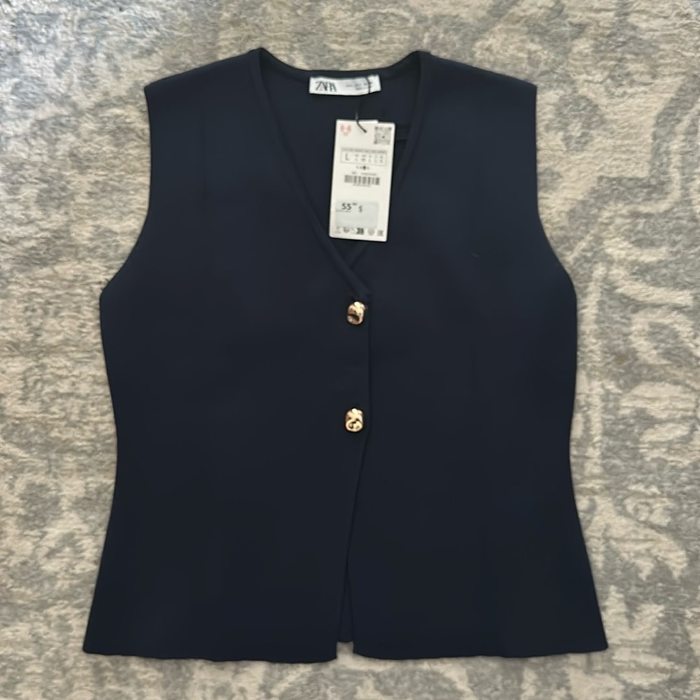Navy Zara tank sweater with two big gold buttonss